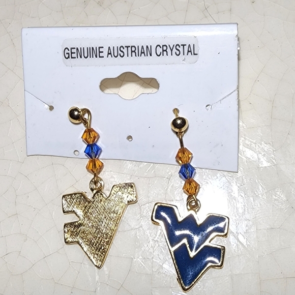 NWT West Virginia Initials Blue Orange Genuine Austrian Crystals post earrings - Picture 3 of 5